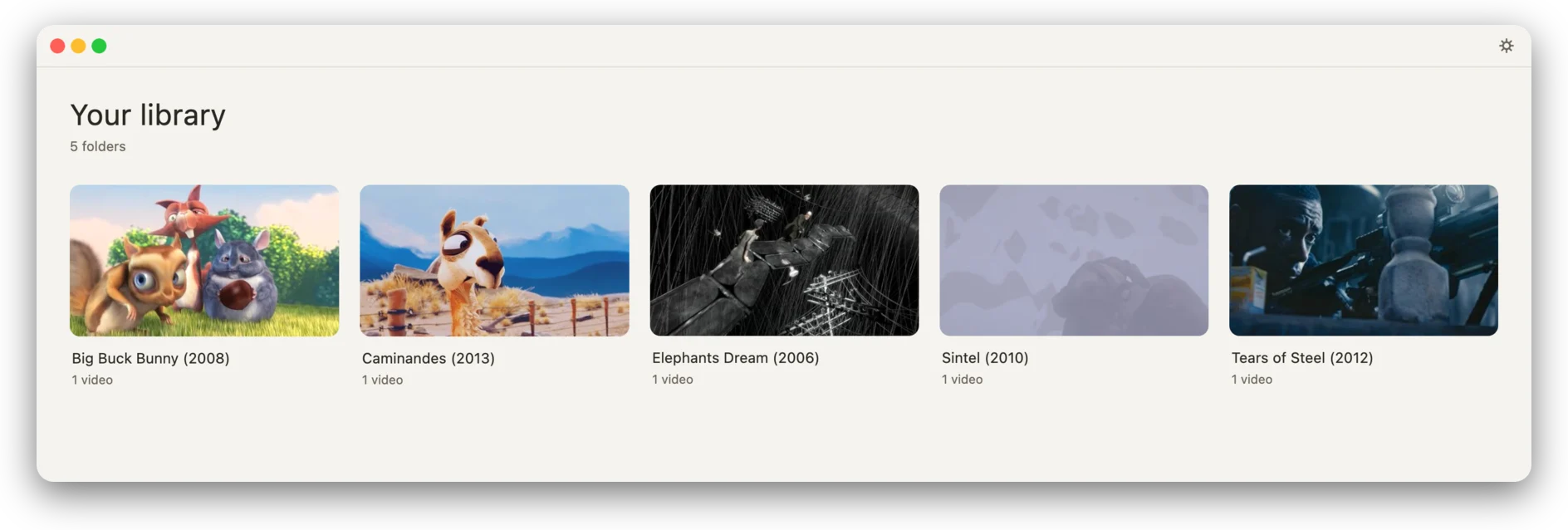 Mizune’s library showing covers for Big Buck Bunny, Caminandes, Elephants Dream, Sintel and Tears of Steel