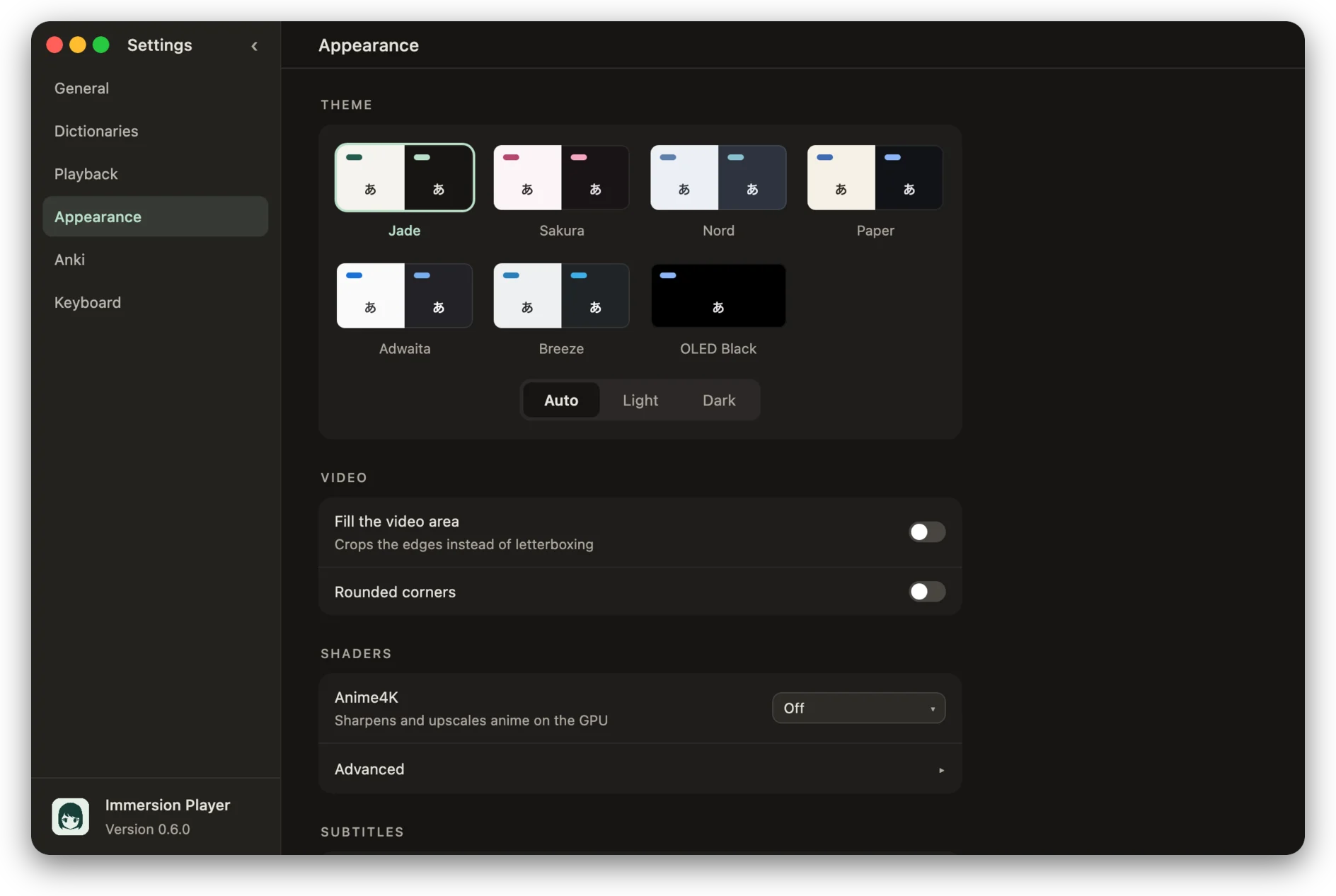 Mizune’s Appearance settings showing the dark Jade theme and a choice of colour themes