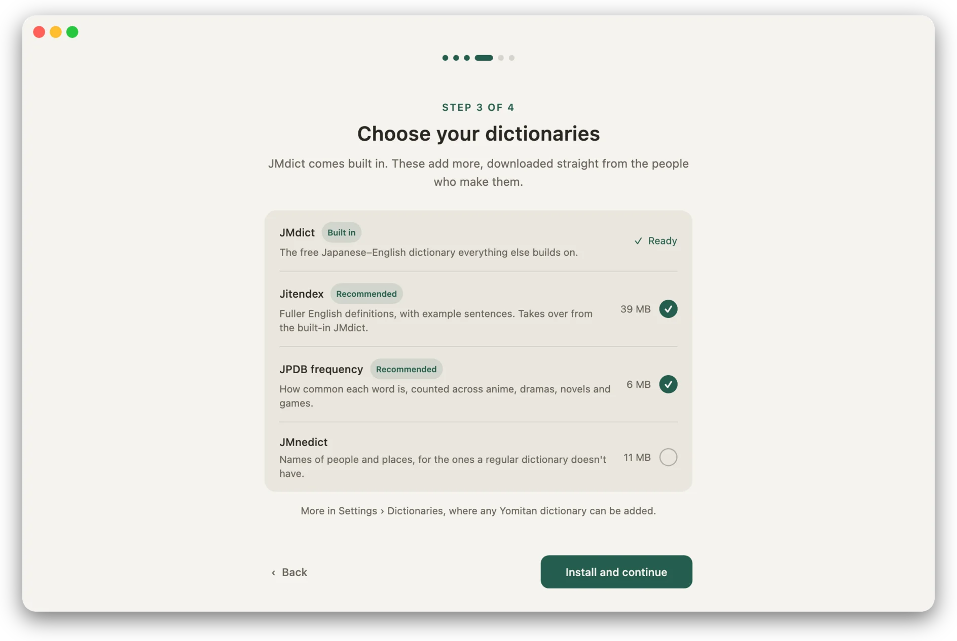 The first-launch dictionary selection, with Jitendex and JPDB frequency selected for download